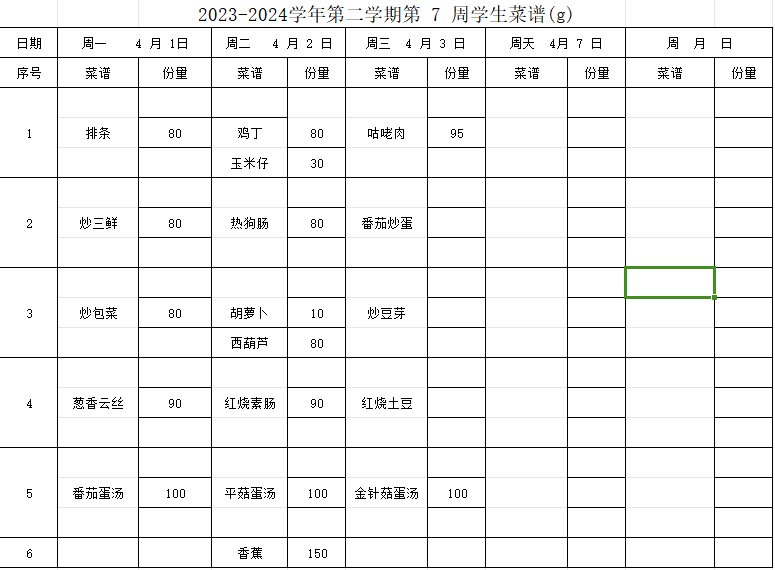 2023-2024学年第二学期第7周学生菜谱(g)